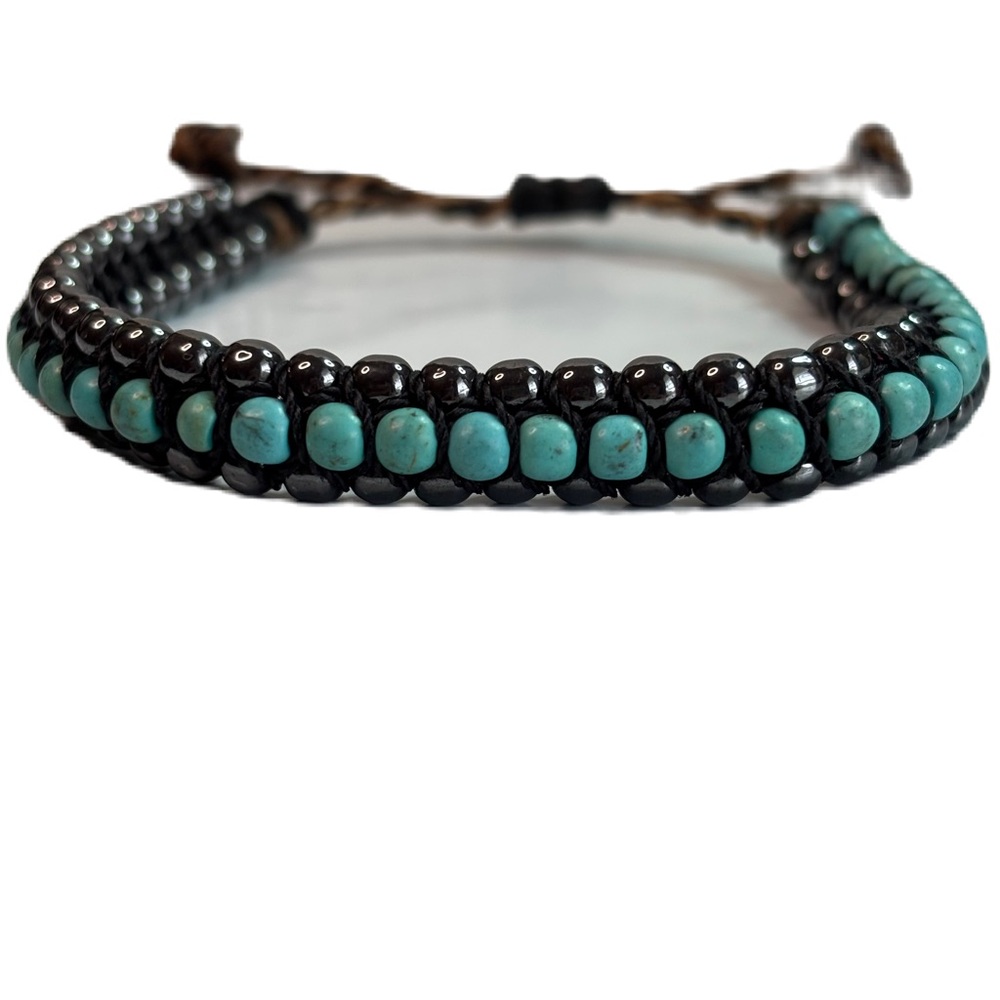 Turquoise and Gun Metal Gray Beaded Bolo Bracelet